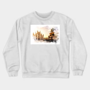 Piazza del Duomo, Milano Italy Watercolor Art City Landscape Crewneck Sweatshirt